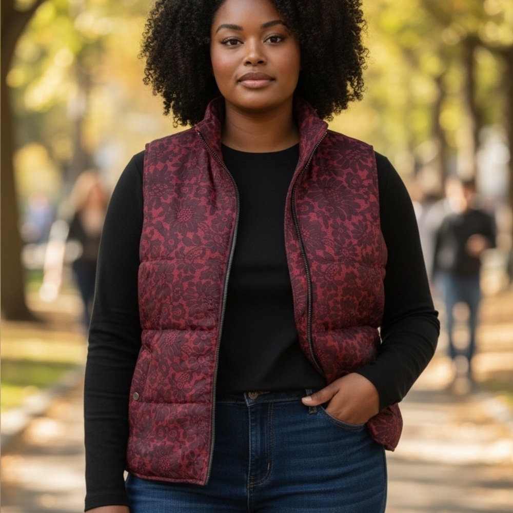 LIZ CLAIBORNE (XL) Quilted Reversible Vest Floral Lightweight Burgundy Black